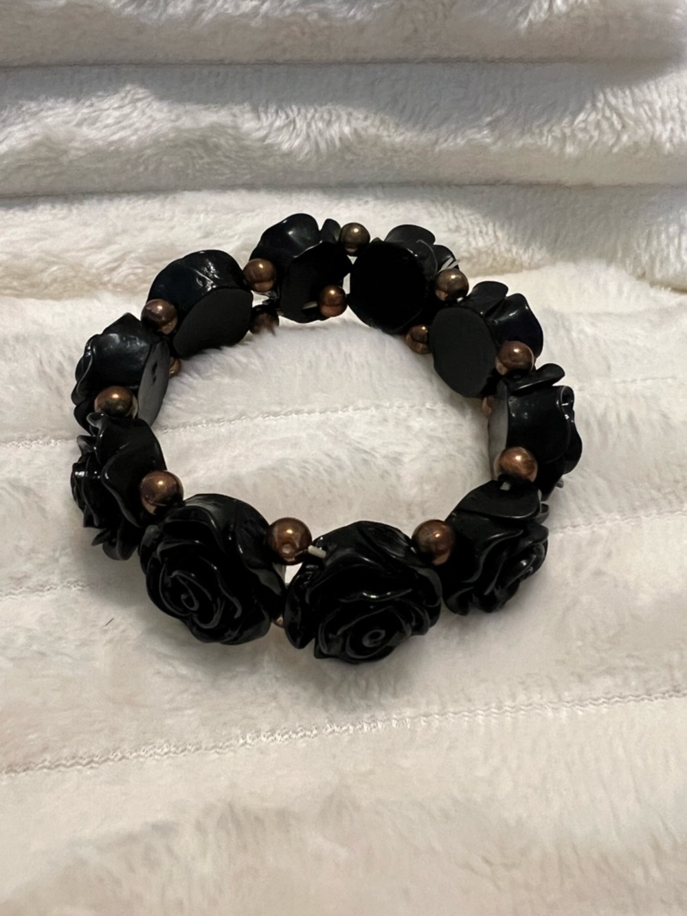 Black Rose Stretch Bracelet with Antiqued Gold Accent Beads